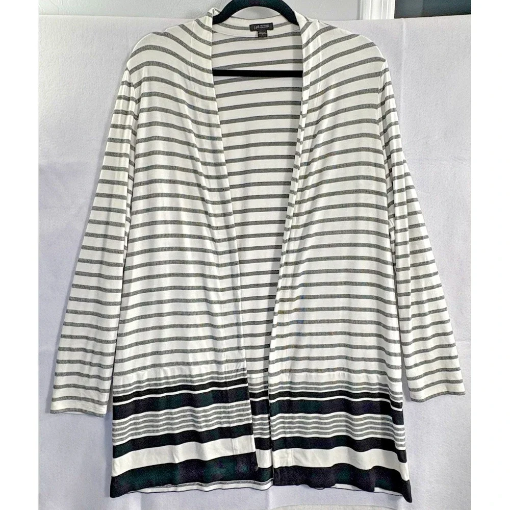 J JILL Women Open‎ Front Oversized Striped Sweater Sz S White Gray Casual 7-6
